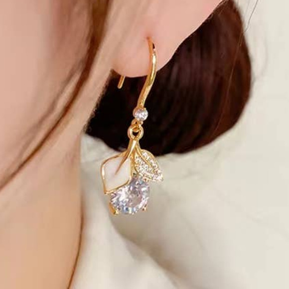Zircon Ginkgo Leaf Hook Earrings Shiny Sparkle Dangle Drop Festive Sparkle‎ - Picture 9 of 16